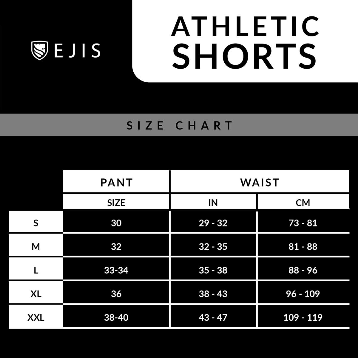 size chart for Conquest Athletic Shorts for Men - Ejis