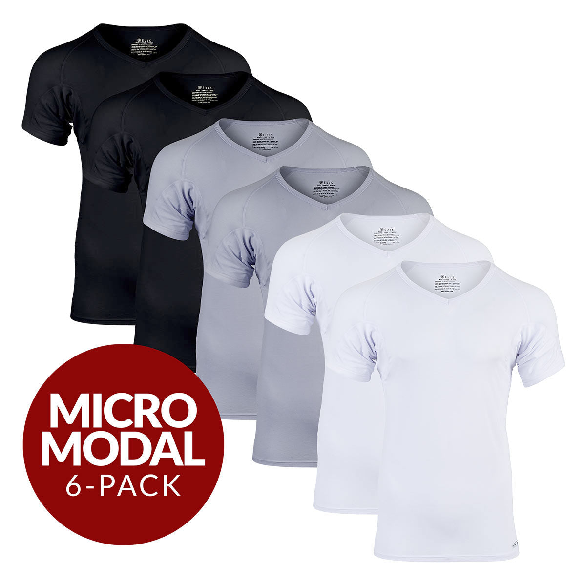 V-Neck Micro Modal Sweat Proof Undershirt For Men - Mix 6-Pack (2x White, Black, Grey) - Ejis