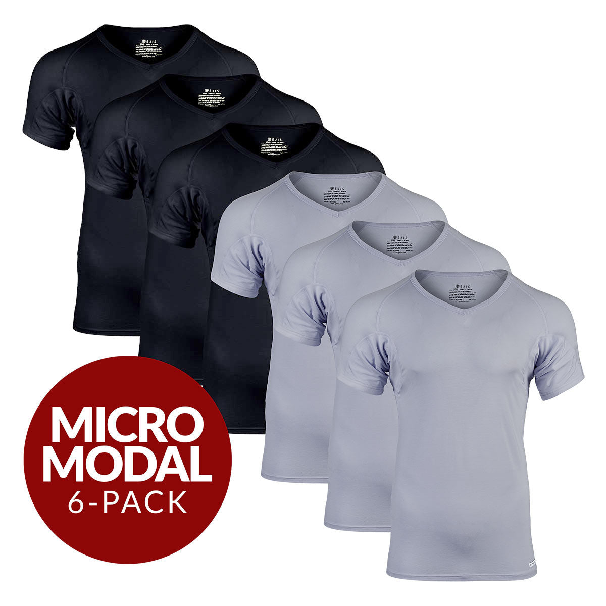V-Neck Micro Modal Sweat Proof Undershirt For Men - Mix 6-Pack (3x Black, Grey) - Ejis