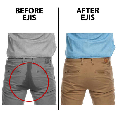 Comparison of pants with a sweat mark before and after using EJIS product. Before image is black and white with a red circle around the sweat mark; after image is full color showing blue shirt and tan pants.