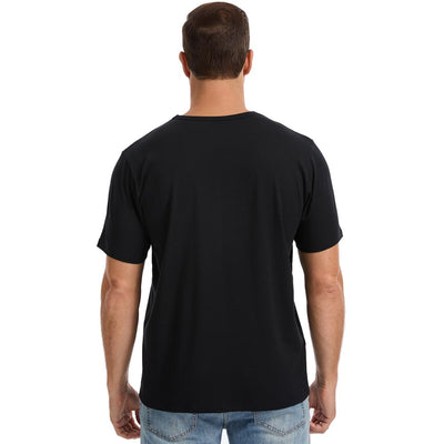 back view of man wearing black TotalShield t-shirt on white background