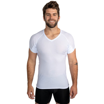 Man wearing white Eijs v-neck ultra breathable undershirt and black Ejis boxer briefs facing forward on white background
