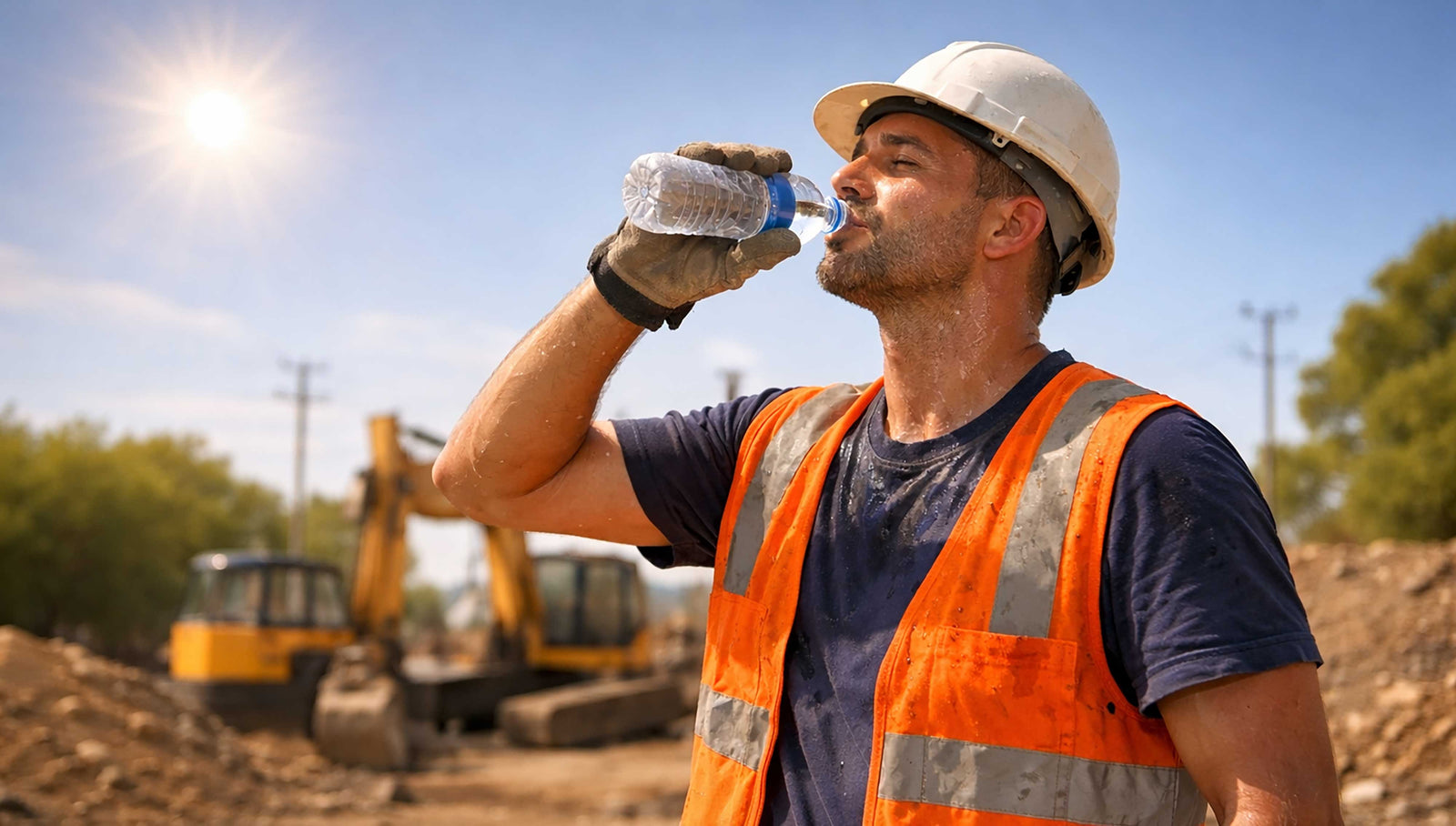 Outdoor construction worker sweating in the heat while taking a water break under the sun