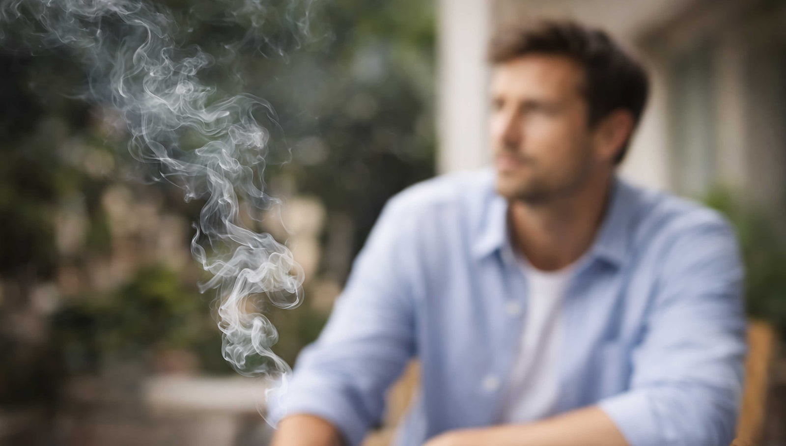 man in background with billowing cigarette smoke in foreground