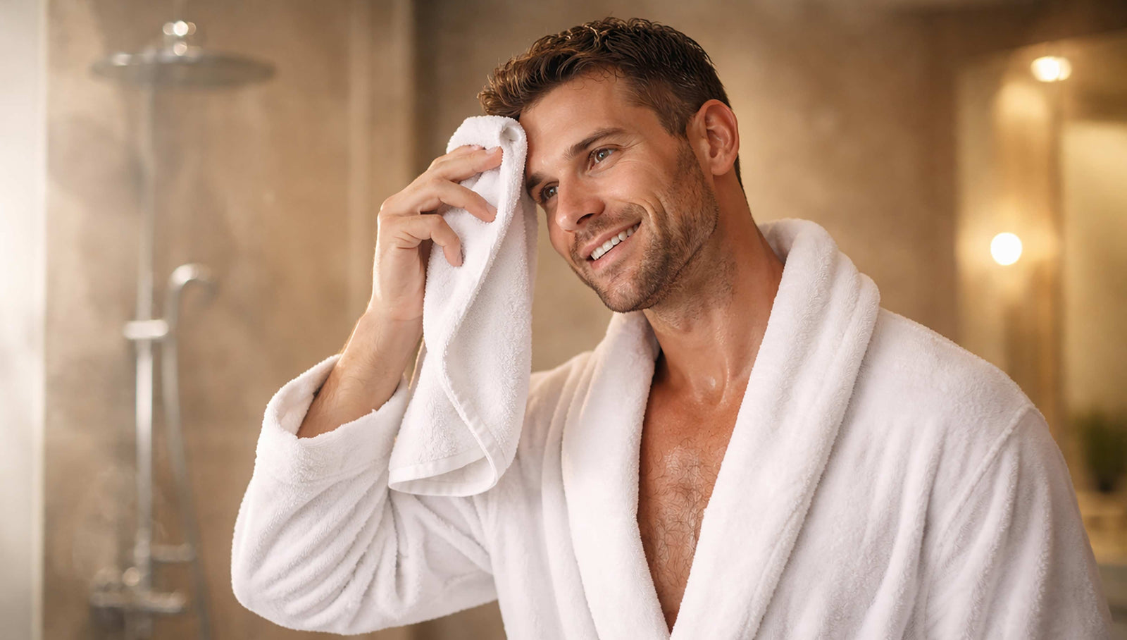 man wiping sweat after shower