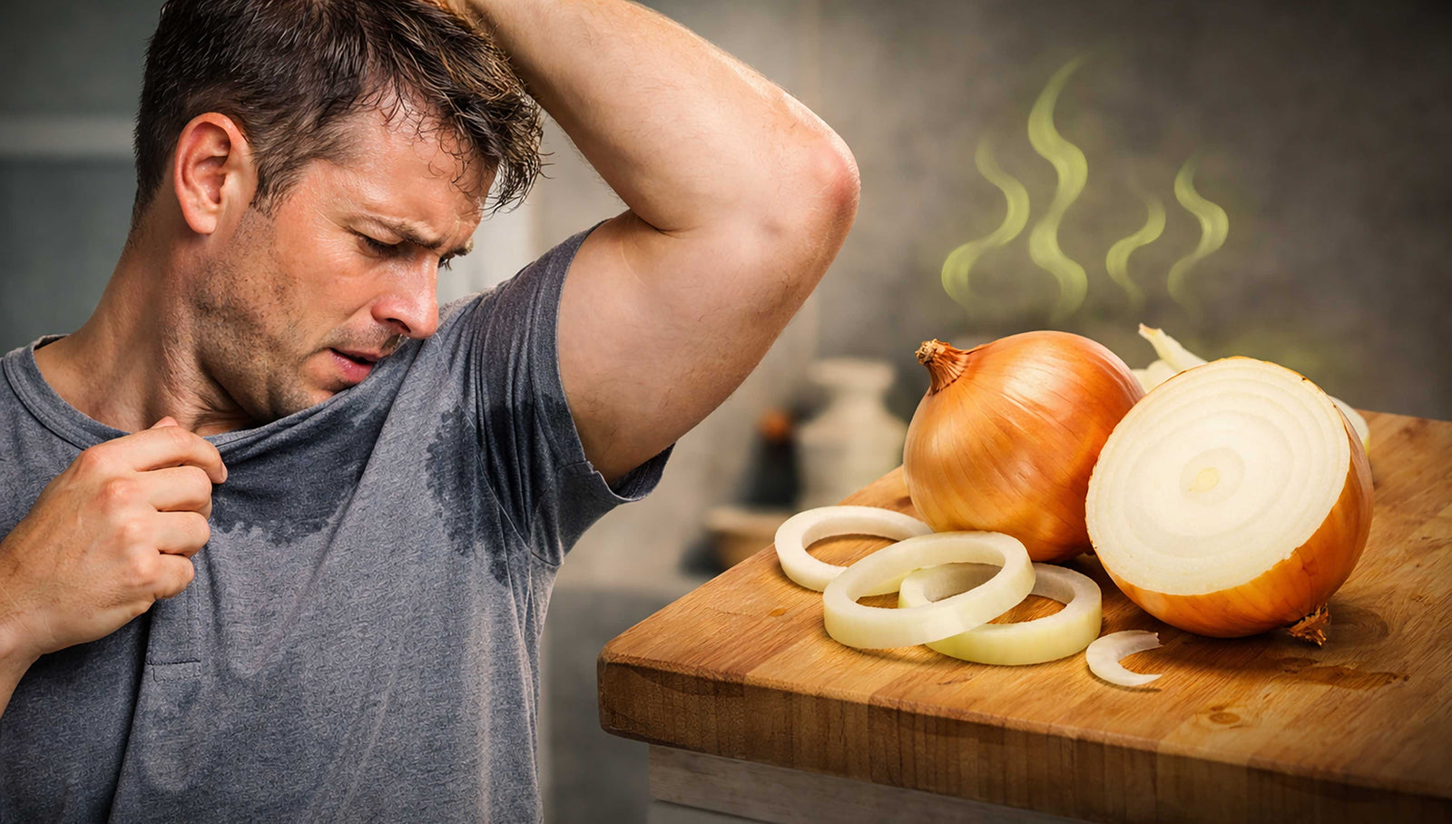 sweating man smelling armpit with raw onions in foreground