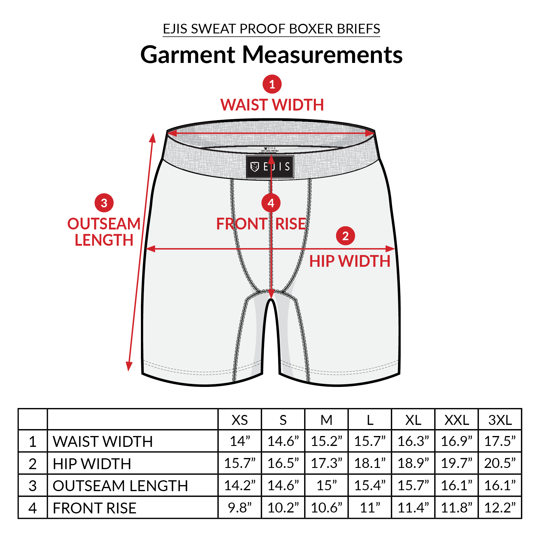 Sweat Proof Men's Boxer Briefs garment measurements with illustration 
