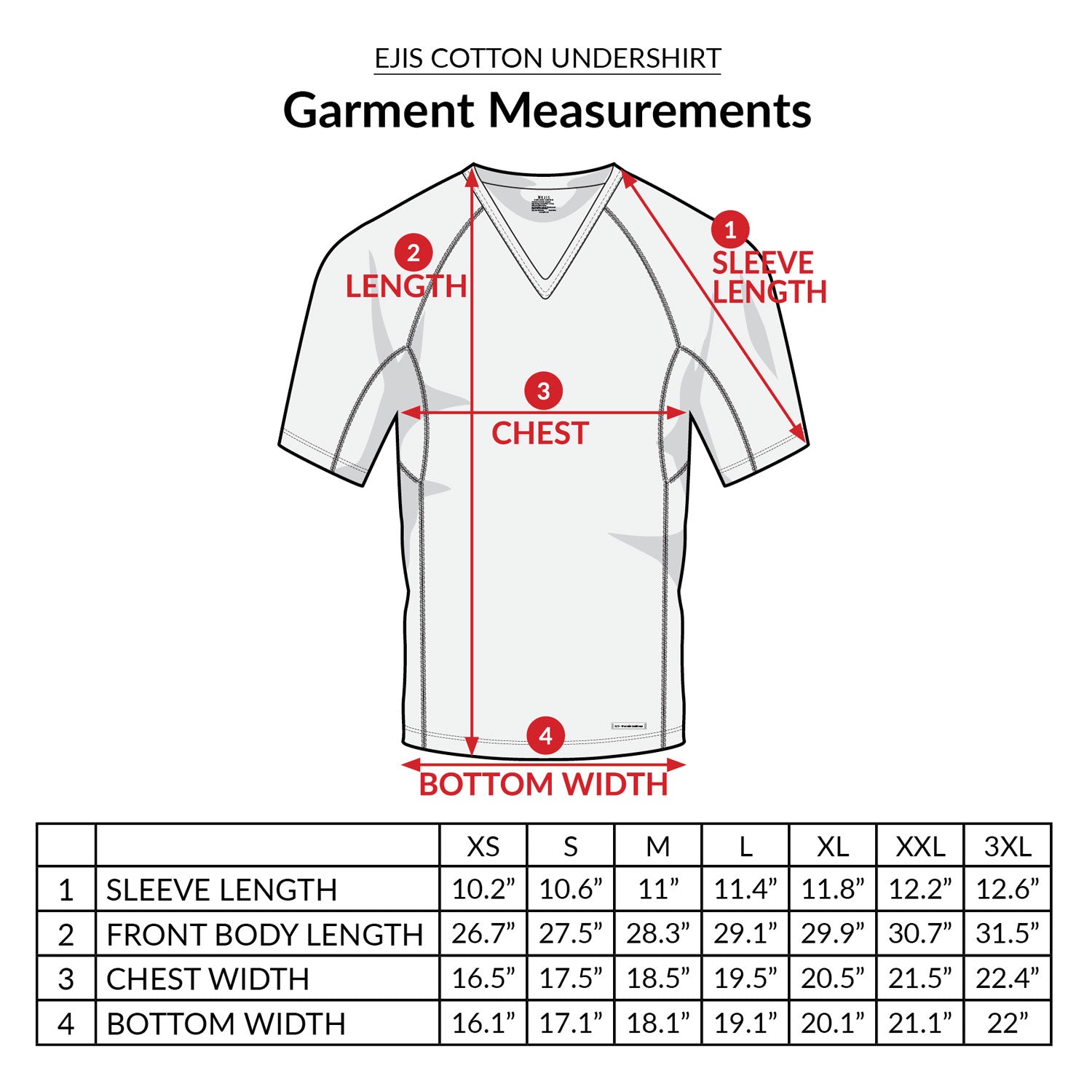 Sweat Proof Men's Undershirt garment measurements with illustration 