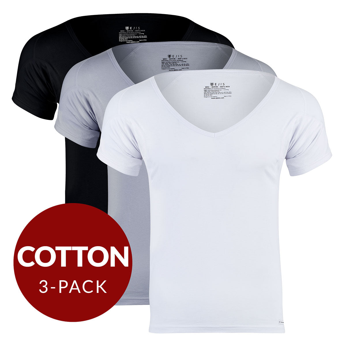 Deep V Cotton Sweat Proof Undershirt For Men - Mix 3-Pack (1x White, Black, Grey) - Ejis