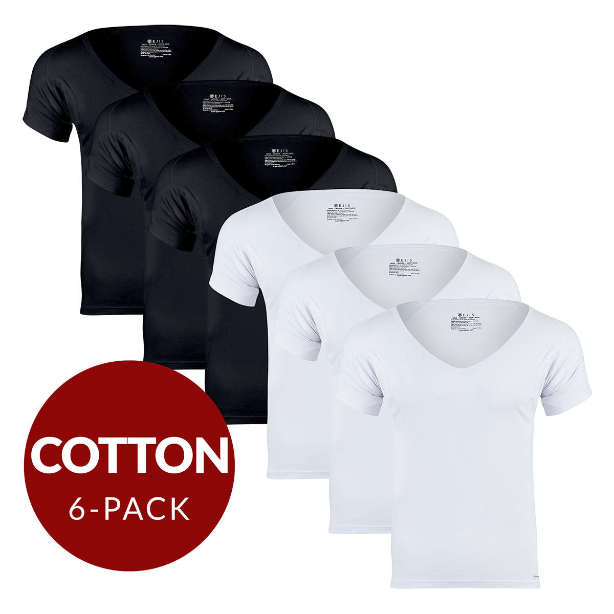 Deep V Cotton Sweat Proof Undershirt For Men - Mix 6-Pack (3x White, Black) - Ejis
