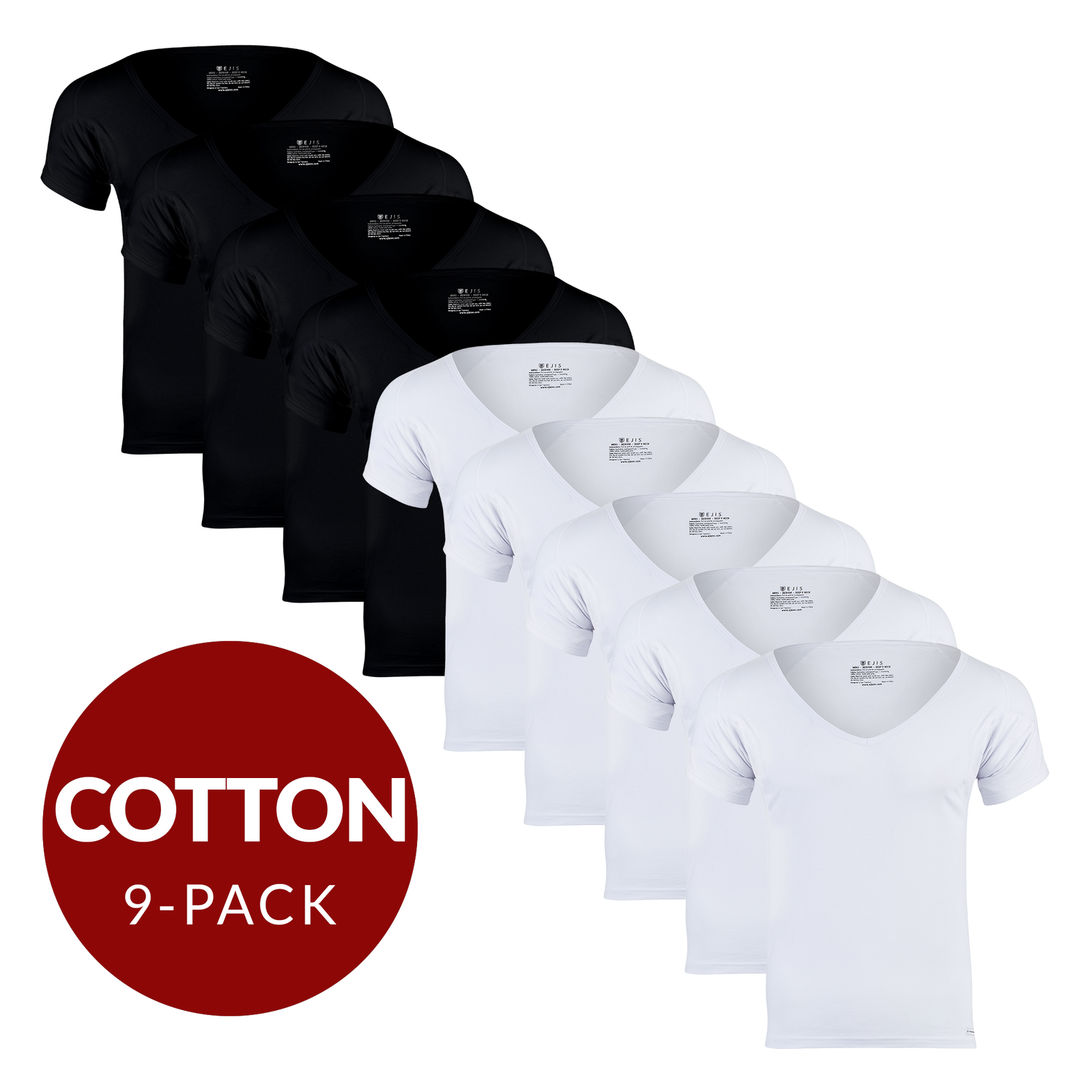 Deep V Cotton Sweat Proof Undershirt For Men - Mix 9-Pack (5x White, 4x Black) - Ejis