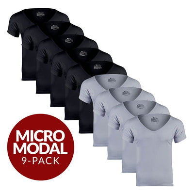Deep V Micro Modal Sweat Proof Undershirt For Men - Mix 9-Pack (5x Black, 4x Grey) - Ejis