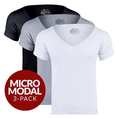 Deep V Micro Modal Sweat Proof Undershirt For Men - Mix 3-Pack (1x White, Black, Grey) - Ejis