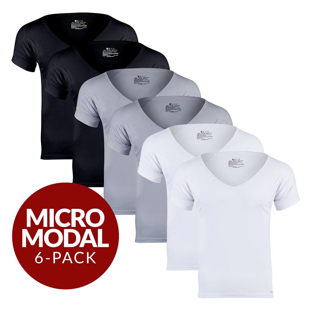 Deep V Micro Modal Sweat Proof Undershirt For Men - Mix 6-Pack (2x White, Black, Grey) - Ejis