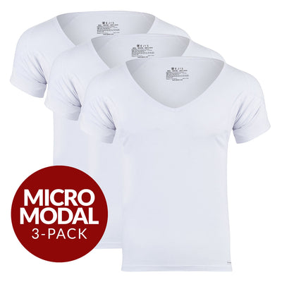 Deep V Micro Modal Sweat Proof Undershirt For Men - White 3-Pack - Ejis