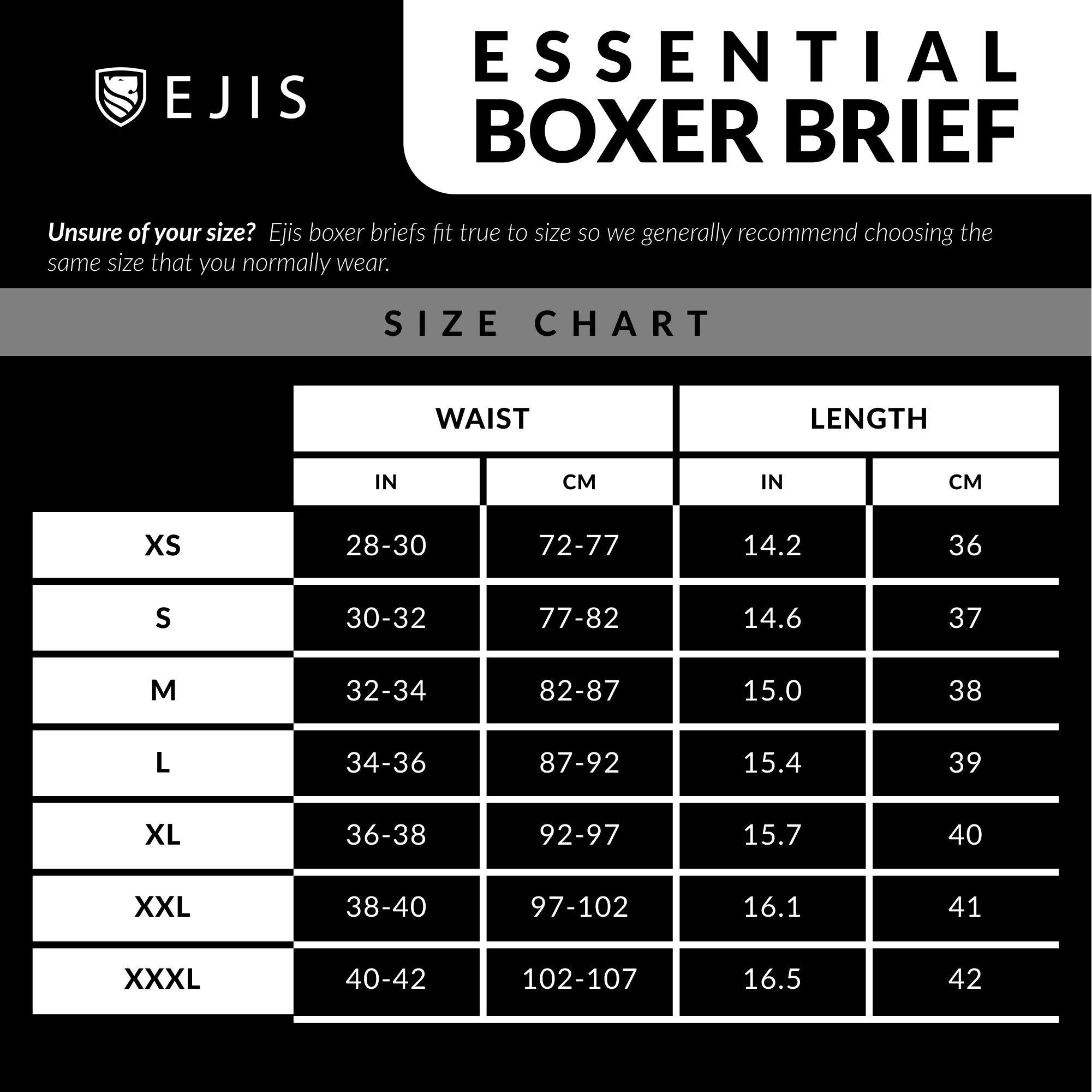 size chart for Ejis Essential Men's Boxer Briefs