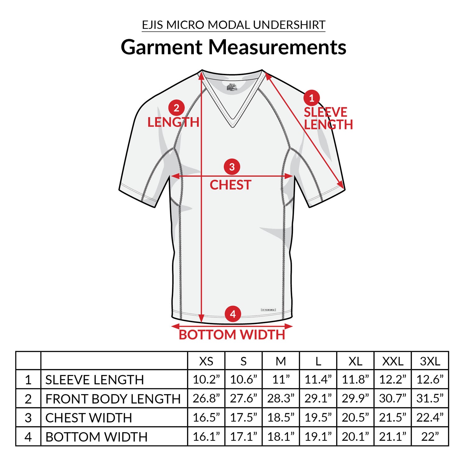 Sweat Proof Men's Undershirt garment measurements with illustration 