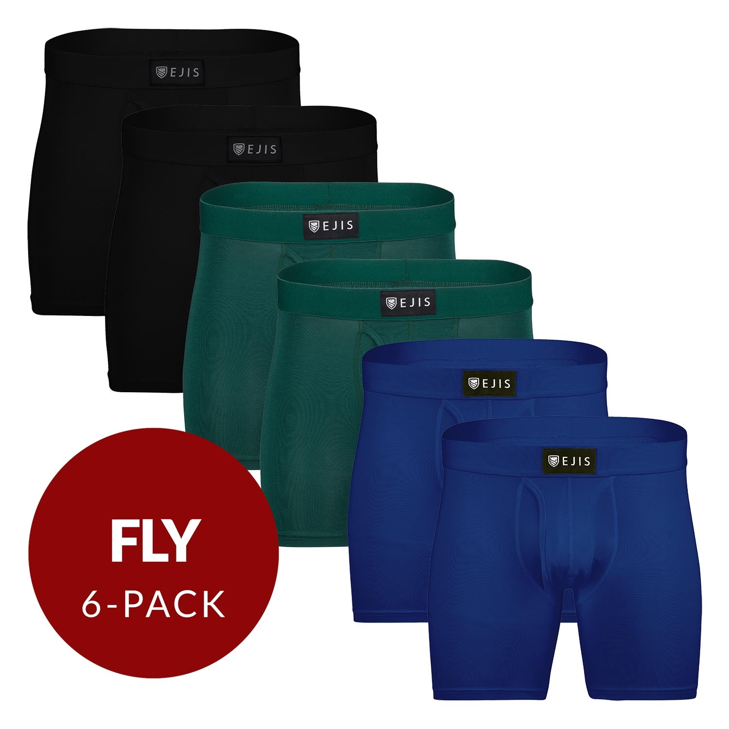 Sweat Proof Men's Boxer Briefs with Fly - Mix 6-Pack (2x Black, Green, Navy) - Ejis
