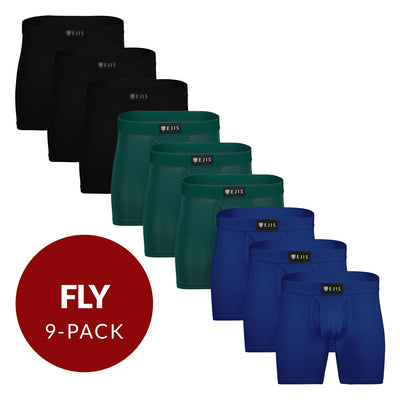 Sweat Proof Men's Boxer Briefs with Fly - Mix 9-Pack (3x Black, Green, Navy) - Ejis