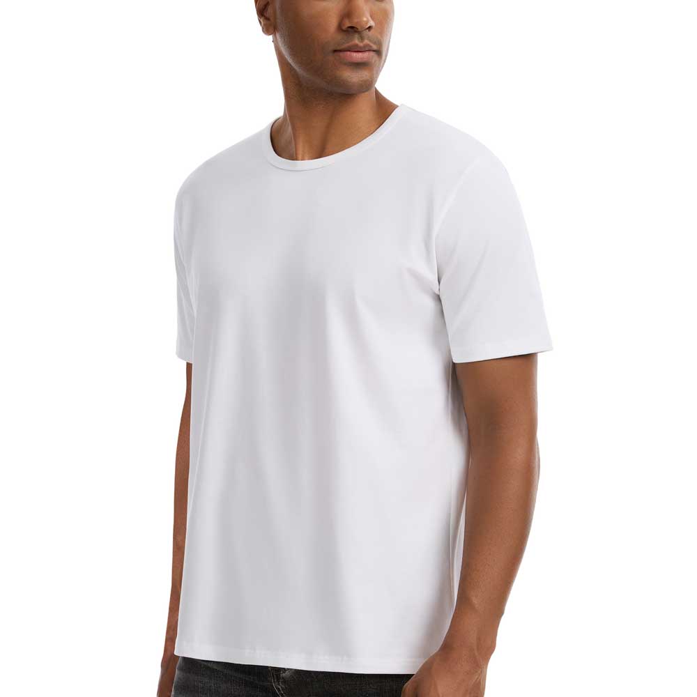 Man wearing a white TotalShield t-shirt on a white background