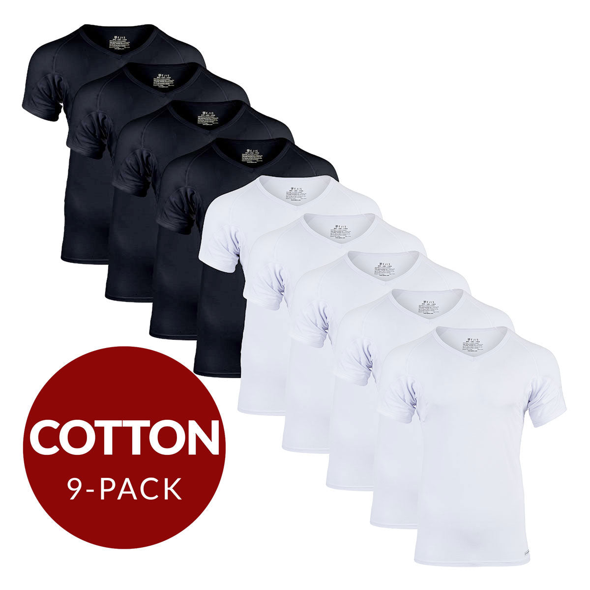 V-Neck Cotton Sweat Proof Undershirt For Men - Mix 9-Pack (5x White, 4x Black) - Ejis
