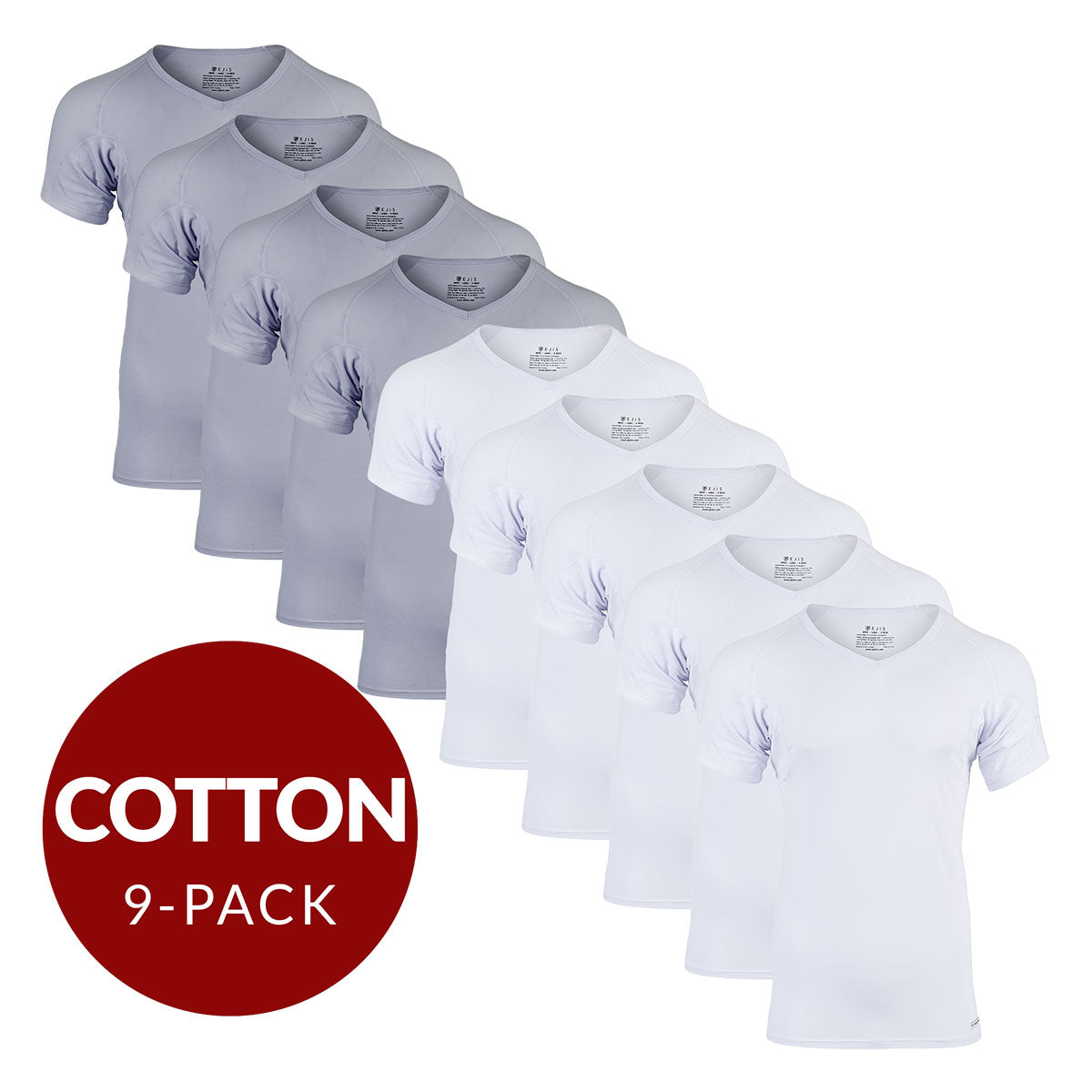 V-Neck Cotton Sweat Proof Undershirt For Men - Mix 9-Pack (5x White, 4x Grey) - Ejis
