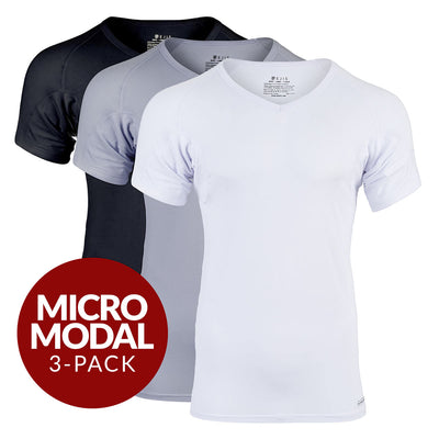 V-Neck Micro Modal Sweat Proof Undershirt For Men - Mix 3-Pack (1x White, Black, Grey)