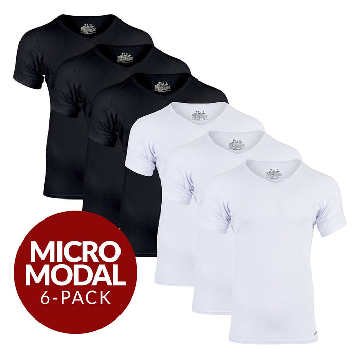 V-Neck Micro Modal Sweat Proof Undershirt For Men - Mix 6-Pack (3x White, Black)