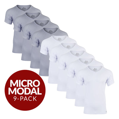 V-Neck Micro Modal Sweat Proof Undershirt For Men - Mix 9-Pack (5x White, 4x Grey) - Ejis