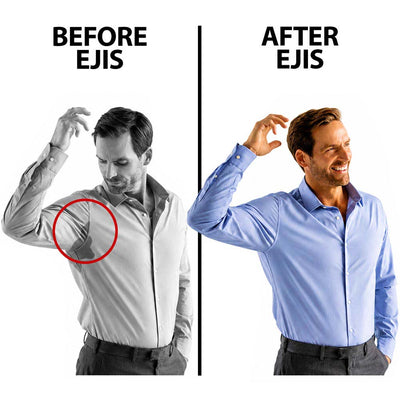 Before and after comparison of a man wearing a shirt with a visible pit, using Ejis technology.
