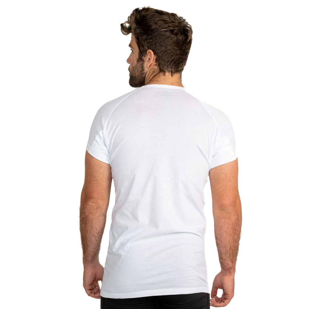 back view of a man wearing a white Ejis cottons sweat proof undershirt