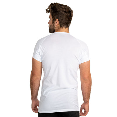 back view of a man wearing a white Ejis cottons sweat proof undershirt