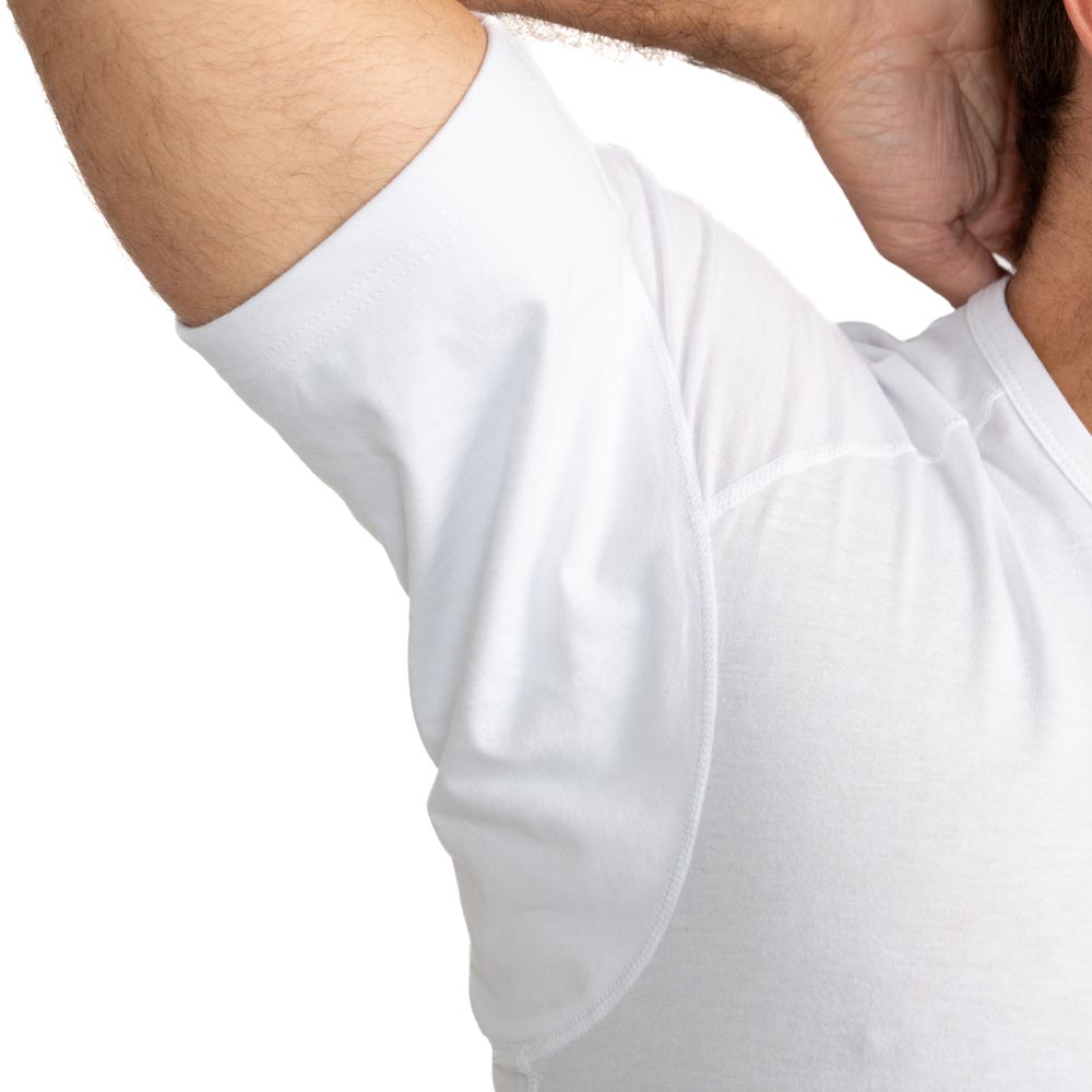 close-up view of protective pad on white Ejis cotton sweat proof undershirt