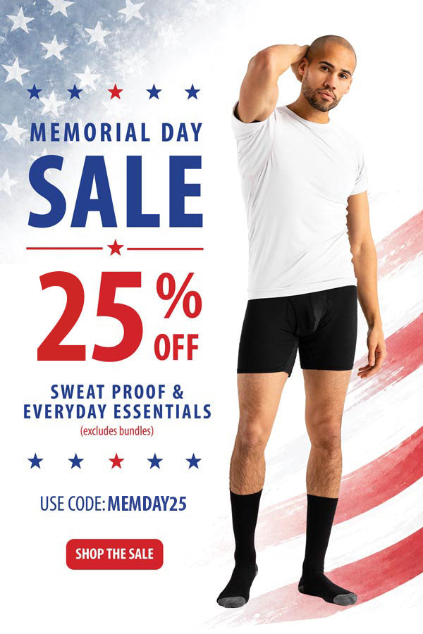 Memorial Day sale advertisement with a man wearing Ejis sweat proof undershirt, boxer briefs and socks, featuring a patriotic background.