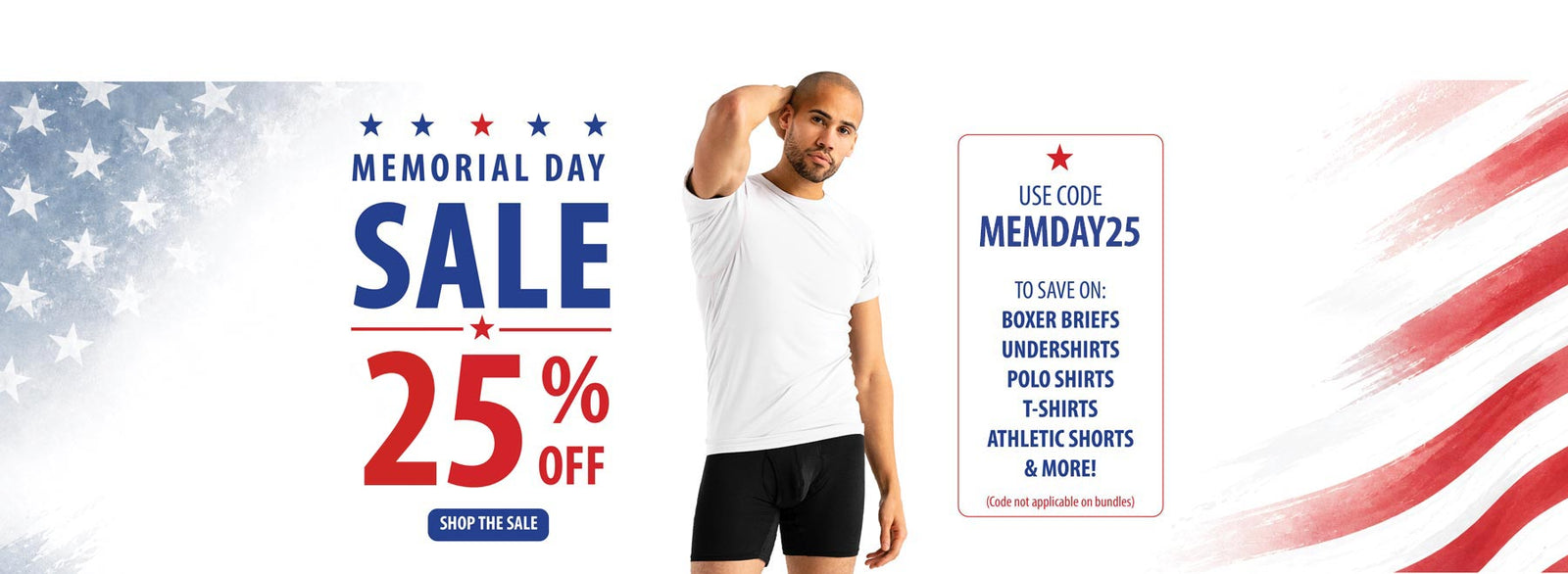 Memorial Day sale advertisement with a man wearing Ejis sweat proof undershirt, boxer briefs and socks, featuring a patriotic background.