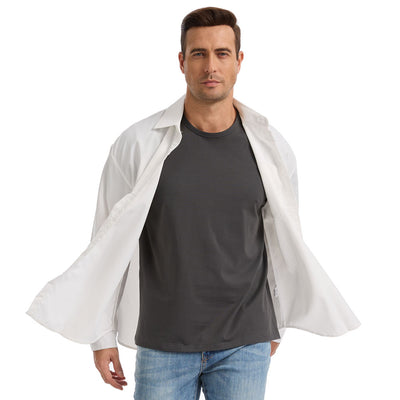 man wearing grey TotalShield tshirt with open white overshirt