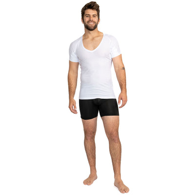 Man wearing a white Ejis deep V ultra breathable undershirt and Ejis black sweat proof boxer briefs on a white background
