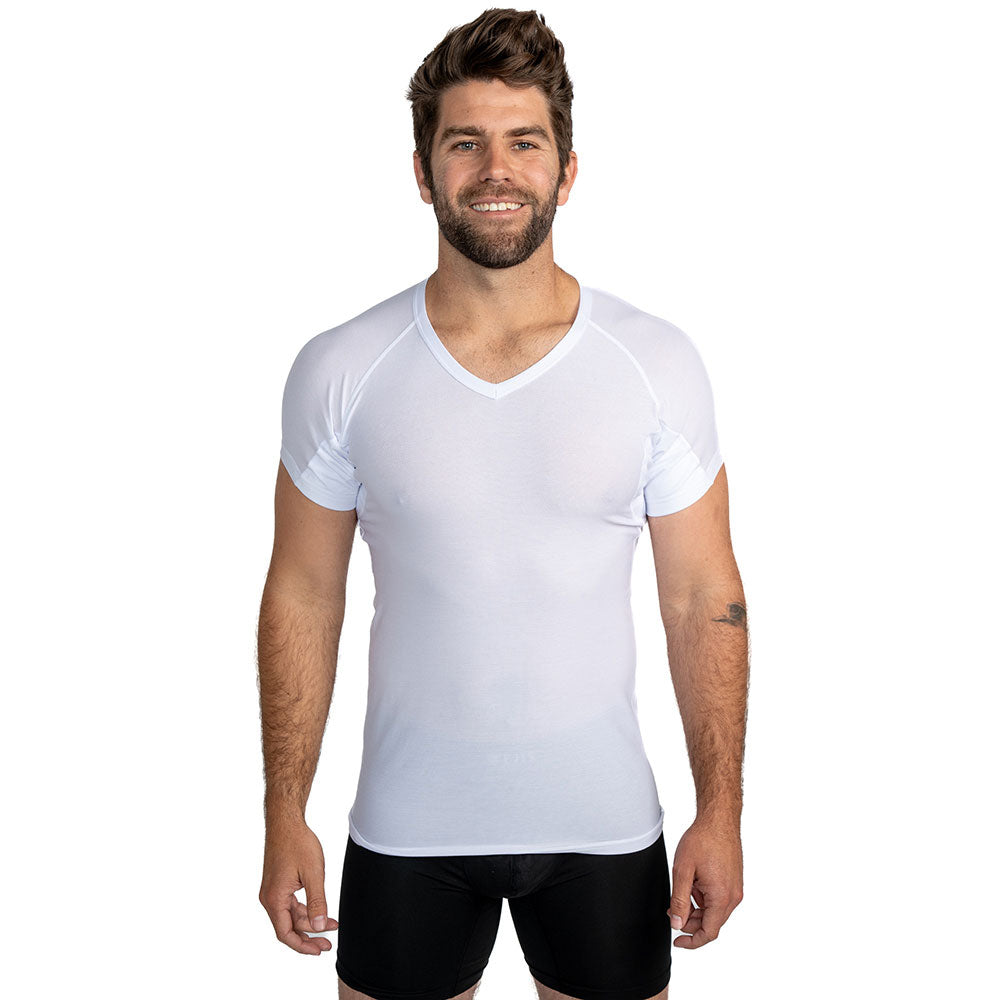 Man wearing white Eijs v-neck ultra breathable undershirt and black Ejis boxer briefs facing forward on white background