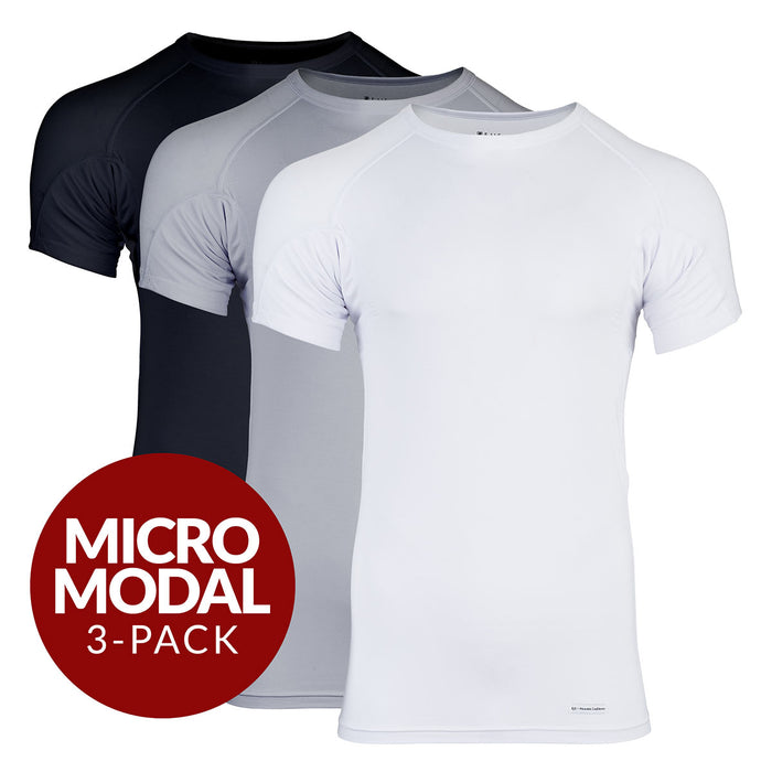 Crew Neck Micro Modal Sweat Proof Undershirt For Men - Mix 3-Pack (1x White, Black, Grey)