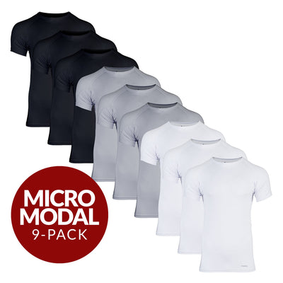 Crew Neck Micro Modal Sweat Proof Undershirt For Men - Mix 9-Pack (3x White, Black, Grey) - Ejis