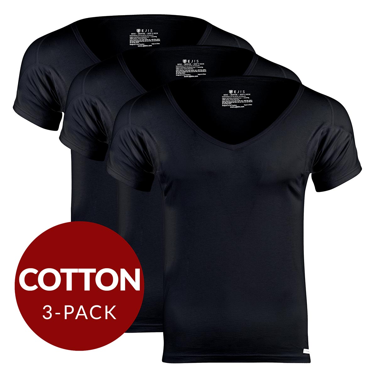 Deep V Cotton Sweat Proof Undershirt For Men - Black 3-Pack - Ejis
